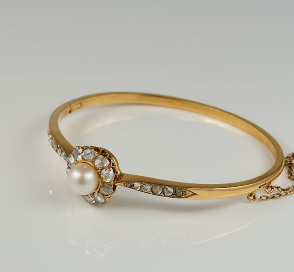 Antique Victorian Pearl and Diamond Rare 18ct Rose Gold Bangle