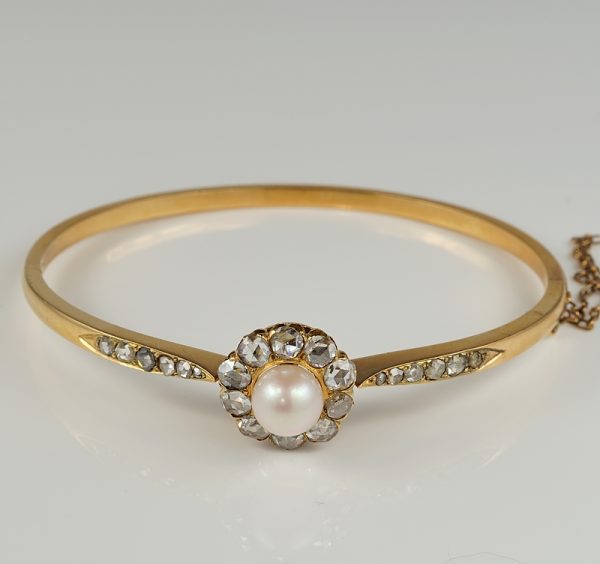 Antique Victorian Pearl and Diamond Rare 18ct Rose Gold Bangle