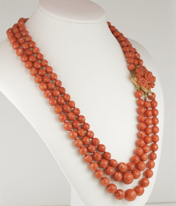 Magnificent Antique Victorian Triple Strand Natural Mediterranean Coral Necklace