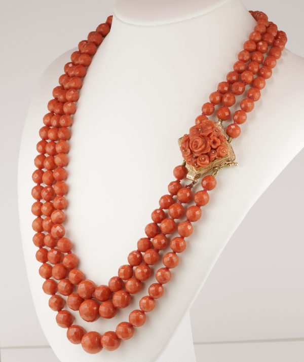 Magnificent Antique Victorian Triple Strand Natural Mediterranean Coral Necklace