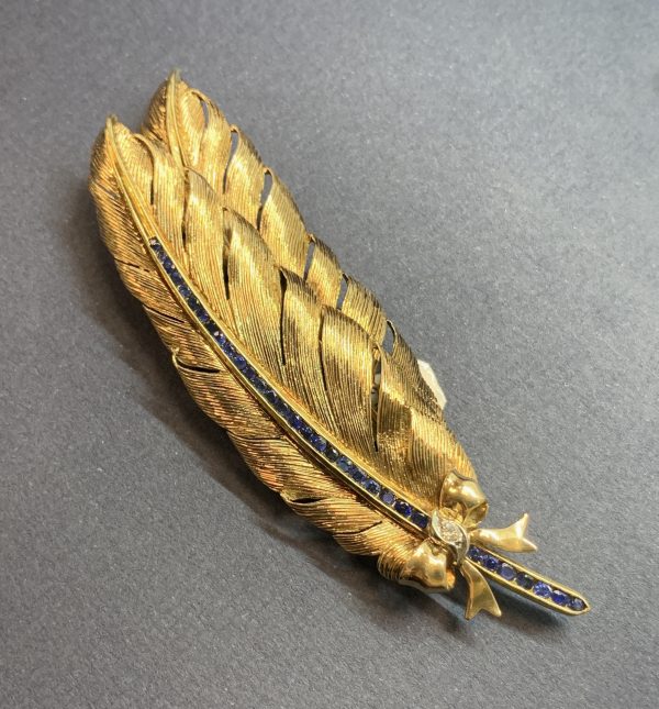 Vintage Tiffany and Co. 18ct Gold Sapphire and Diamond Feather Brooch and Ear Clips