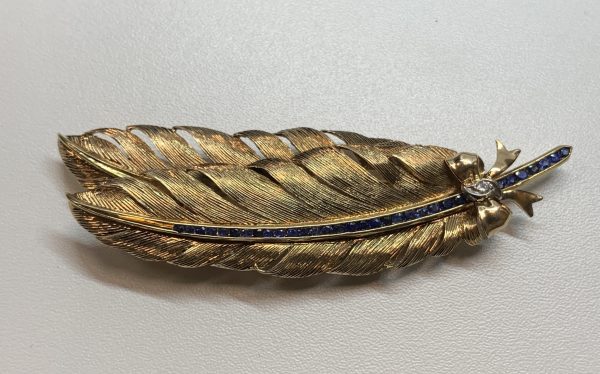 Vintage Tiffany and Co. 18ct Gold Sapphire and Diamond Feather Brooch and Ear Clips