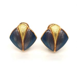 Hand Engraved and Enamelled 18ct Gold Earrings