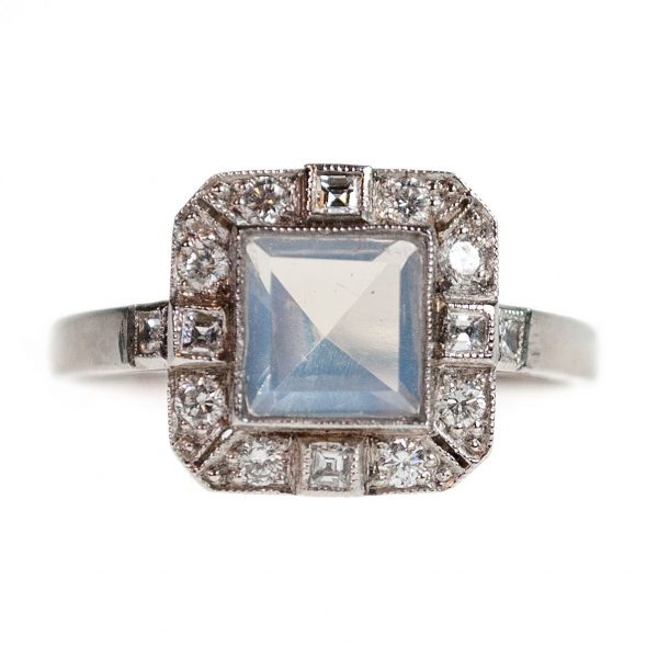 Vintage Moonstone and Diamond Square Cluster Ring