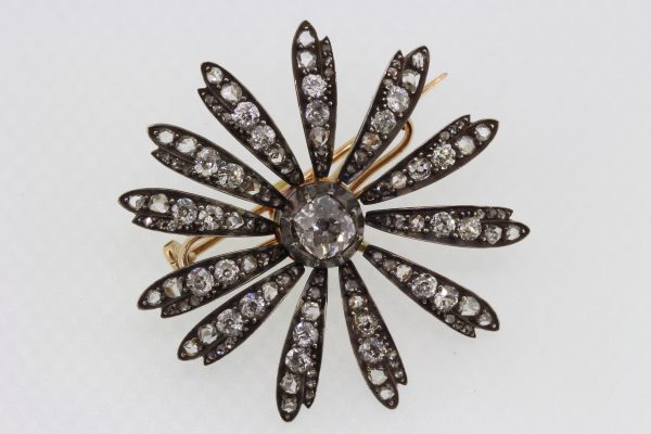 Antique Victorian Old Cut Diamond Flower Brooch Pendant, 1.30 carats