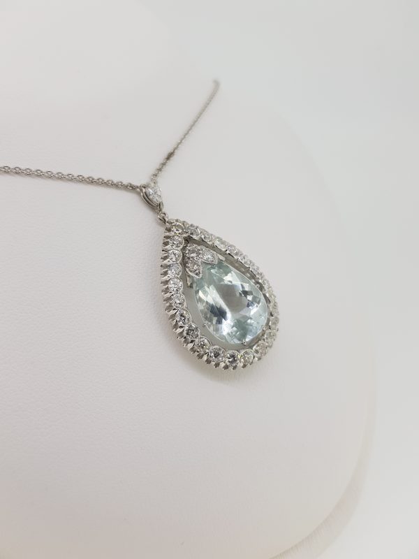 Aquamarine and Diamond Drop Pendant Necklace