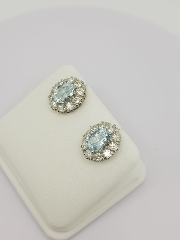 Aquamarine and Diamond Oval Cluster Stud Earrings, 2.50 carats