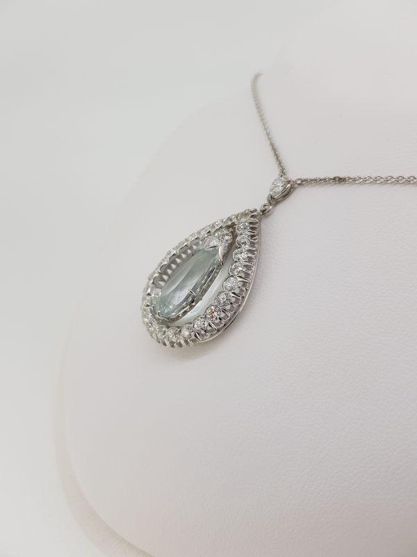 Aquamarine and Diamond Pear Shaped Cluster Drop Pendant Necklace