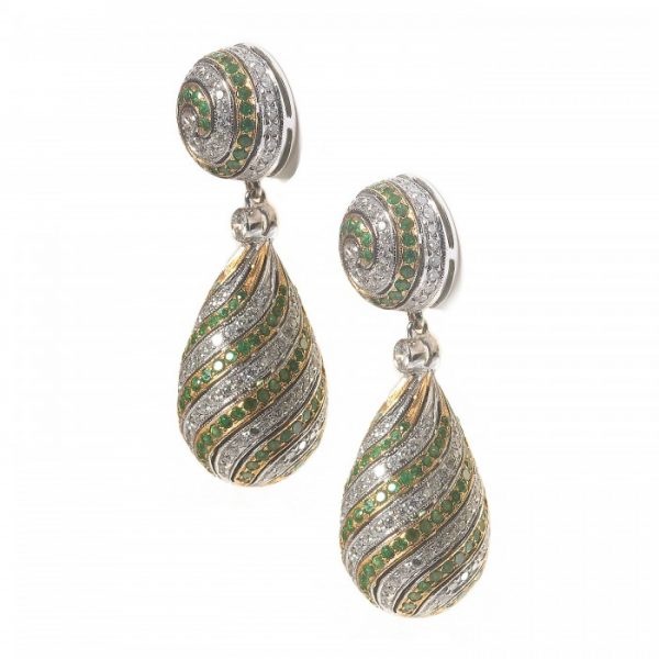 Contemporary Emerald and Diamond Swirl Drop Earrings in 18ct White and Yellow Gold