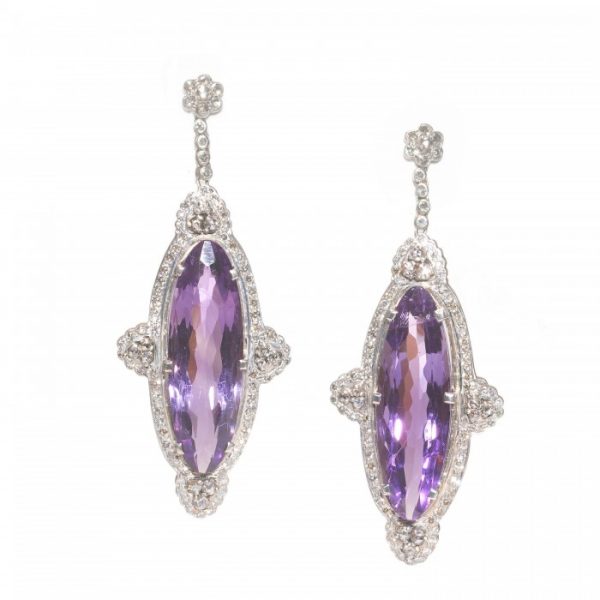 Modern Amethyst and Diamond Drop Earrings in Silver; 40 carats of long oval faceted amethysts surrounded by eight-cut diamonds and rose-cut diamond trefoil clusters