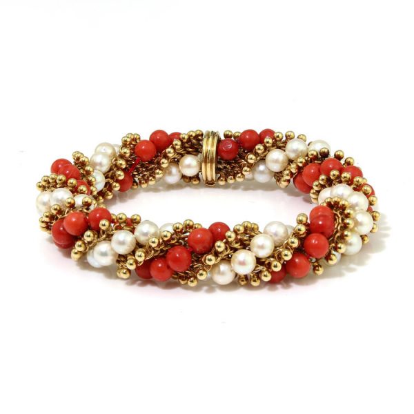 Van Cleef and Arpels 18ct Yellow Gold, Coral and Pearl Bead Twirl Bracelet, Made in France, Circa 1962, with Van Cleef & Arpels jewellery box