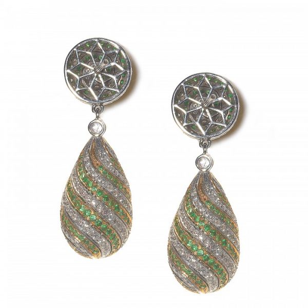 Contemporary Emerald and Diamond Swirl Drop Earrings in 18ct Yellow and White Gold
