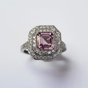 Asscher Cut Pink Spinel and Diamond Cluster Ring