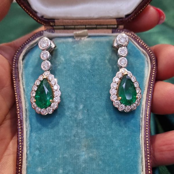 6.13ct Emerald and Diamond Pear Shaped Cluster Drop Earrings