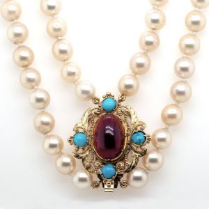 Two Row Cultured Pearl Necklace with Victorian 15ct Gold, Garnet and Turquoise Clasp