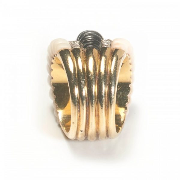 Vintage Carved Coral, Black Onyx and Diamond Banded Ring, Circa 1980