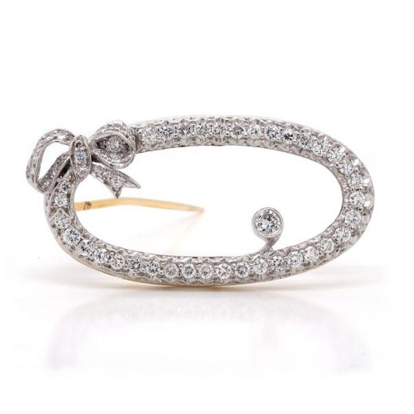 Vintage Diamond Open Oval Brooch with Bow, 1.20 carat total
