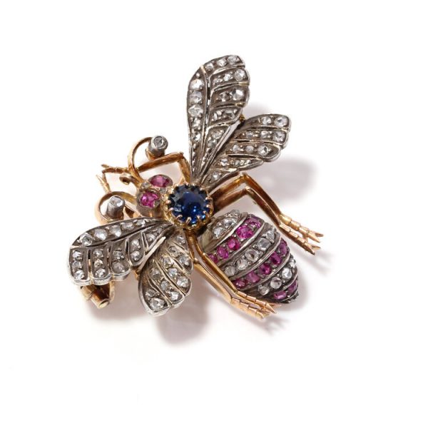 Antique Victorian Rose Cut Diamond, Ruby and Sapphire Insect Brooch