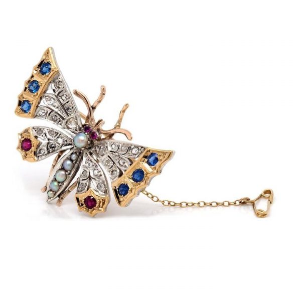 Antique Victorian Multi Gemstone Butterfly Brooch; set with Pearls, Diamonds, Sapphires, Rubies and Garnets in Yellow Gold and Silver
