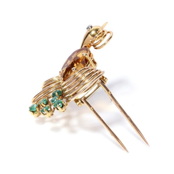 Art Deco French Peacock Brooch with 4ct Citrine, Diamond and Emeralds