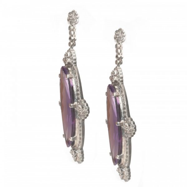Modern Amethyst and Diamond Drop Earrings in Silver; 40 carats
