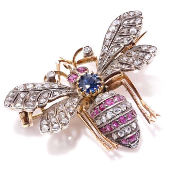 Antique Victorian Insect Brooch with Rose Cut Diamonds, Rubies and Sapphire