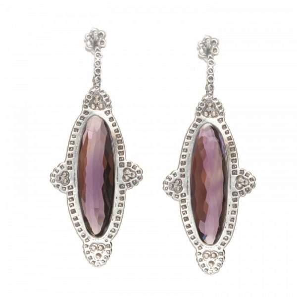Amethyst and Diamond Drop Earrings in Silver; 40 carats