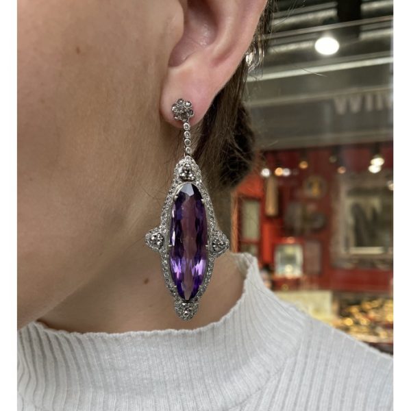 40ct Amethyst and Diamond Drop Earrings in Silver