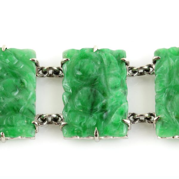 Vintage 1970s Carved Jadeite Jade Panel Bracelet