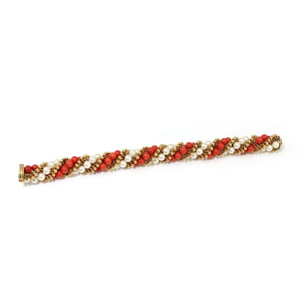 Van Cleef and Arpels 18ct Yellow Gold, Coral and Pearl Bead Twirl Bracelet, Circa 1962