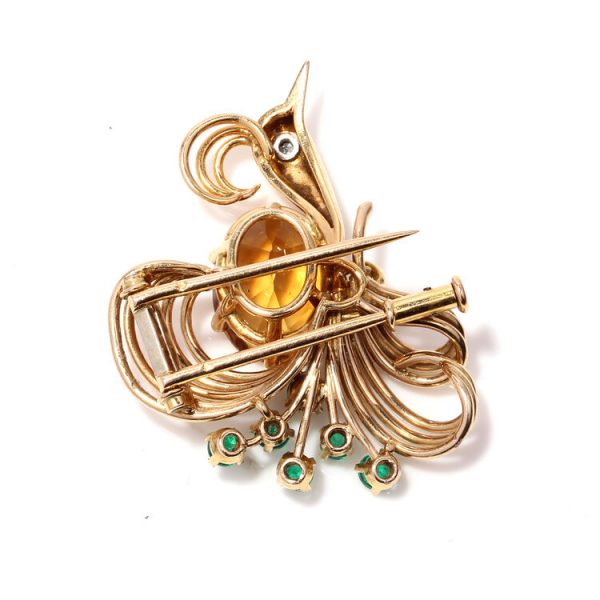 Art Deco French Peacock Brooch with 4ct Citrine, Diamond and Emeralds