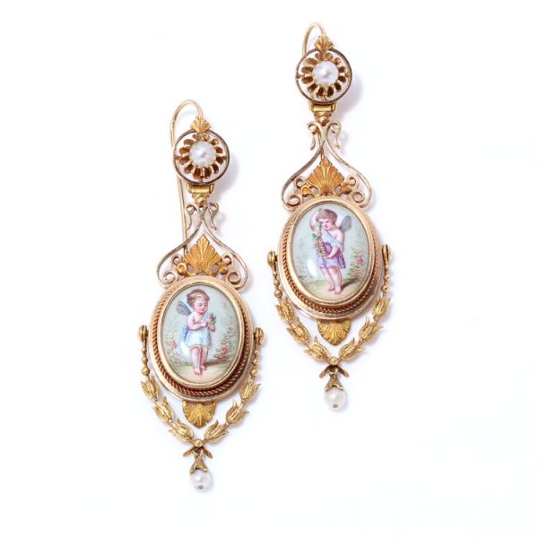 19th Century Antique Italian Gold and Enamel Cherub Plaque Drop Earrings; hand-painted enamel on mother-of-pearl plaques depicting cherubs in decorative 18ct yellow gold mounts, accented with natural pearls, Circa 1860s