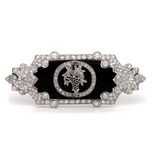 Antique Art Nouveau Black Onyx and Old Cut Diamond Plaque Brooch in Platinum, with a flower basket design to the centre
