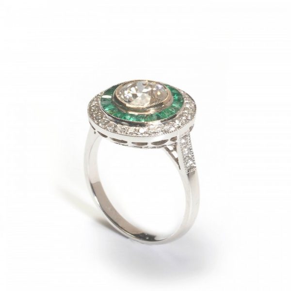Art Deco Style 1.29ct Diamond and Emerald Target Cluster Ring in Platinum