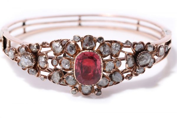 Antique Victorian 4ct Spinel and Rose Cut Diamond Cluster Bangle Bracelet