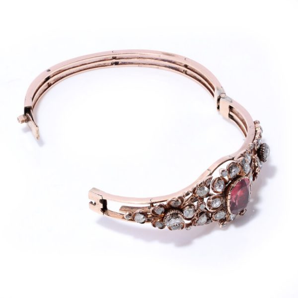 Antique Victorian 4ct Spinel and Rose Cut Diamond Cluster Bangle Bracelet