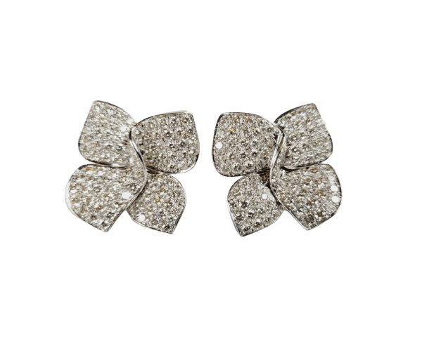 Vintage 8ct Pave Diamond Bow Earrings; bow or stylised leaf design pave-set with 8 carats of brilliant cut diamonds, in 18ct white gold