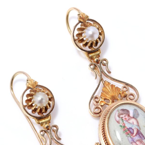 19th Century Antique Italian Gold and Enamel Cherub Plaque Drop Earrings