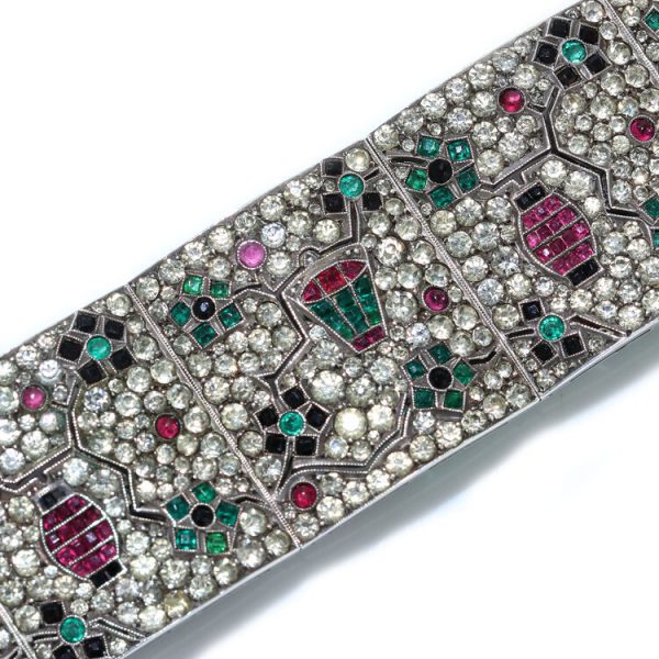 Art Deco Silver Panel Bracelet with Rubies, Emeralds, Sapphires and Paste