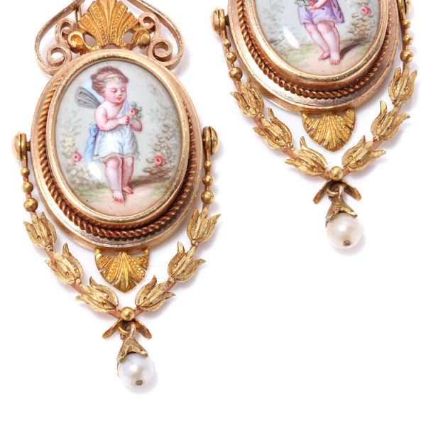19th Century Antique Italian Gold and Enamel Cherub Plaque Drop Earrings