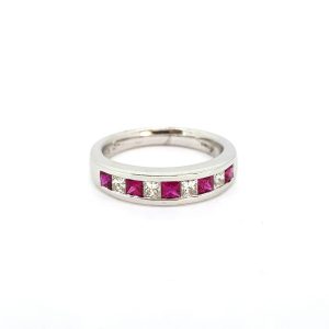 Princess Cut Ruby and Diamond Half Eternity Band Ring in 18ct White Gold