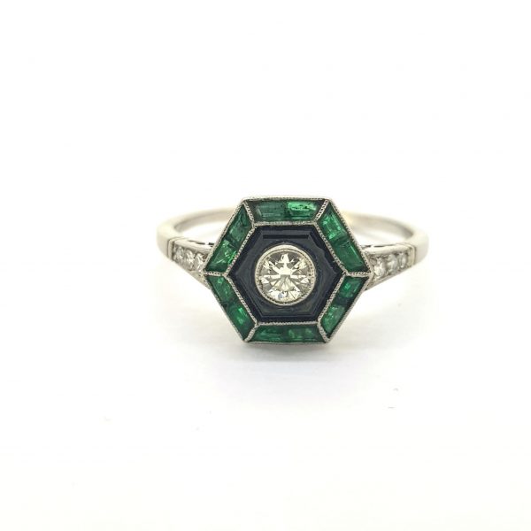 Vintage Art Deco Style Emerald, Diamond and Onyx Ring, Circa 1960s
