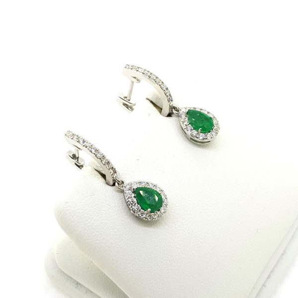 Emerald and Diamond Pear Shaped Cluster Drop Earrings