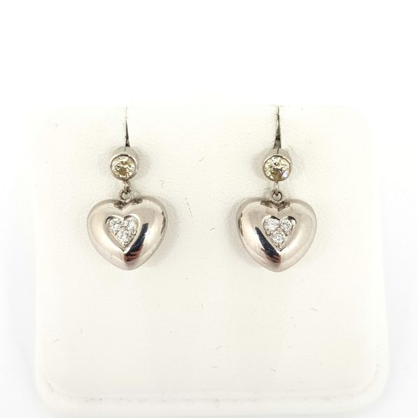 Diamond Set Heart Drop Earrings in 14ct Gold
