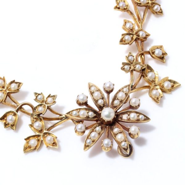 Antique Edwardian 15ct Gold and Seed Pearl Floral Cluster Necklace