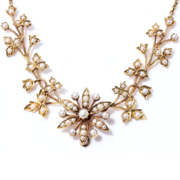 Antique Edwardian Seed Pearl Floral Cluster Necklace in 15ct Yellow Gold