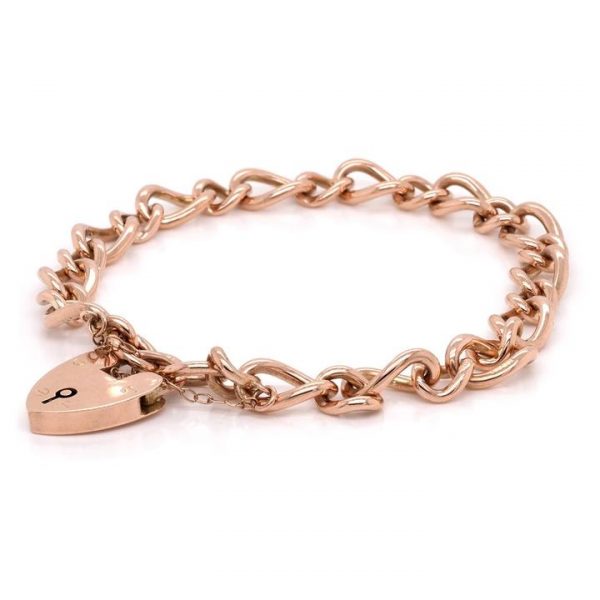 Traditional Vintage 9ct Rose Gold Curb Link Bracelet with Heart Padlock Clasp and safety chain