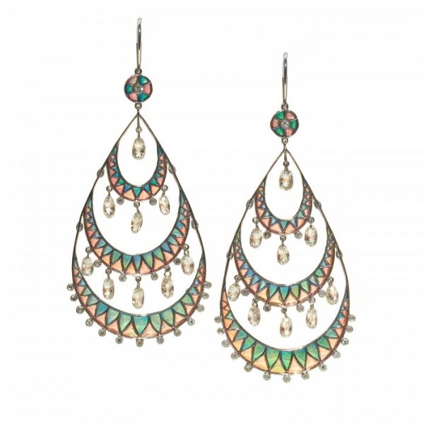 Plique a Jour Enamel and Briolette Diamond Drop Earrings; comprised of alternating rows of teal and pink plique a jour enamel with briolette diamond drops and eight-cut diamonds, in platinum