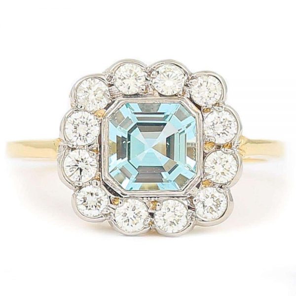 Aquamarine and Diamond 18ct Yellow Gold Art Deco Style Ring with Gem Cert