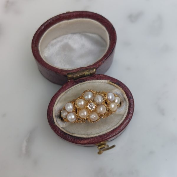 Antique Georgian Natural Pearl and Old Mine Cut Ring